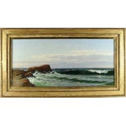 ALFRED THOMPSON BRICHER (American, 1837-1908) COASTAL SCENE WITH LIGHTHOUSE, STEAMER AND SAILBOATS.