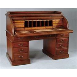 FINE 60” WALNUT CYLINDER TOP DESK.