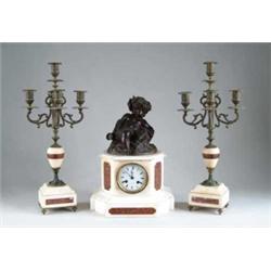 FINE THREE PIECE MARBLE AND BRONZE CLOCK SET.