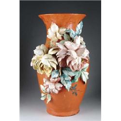 LARGE ART POTTERY VASE WITH APPLIED FLOWERS.