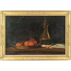 ATTRIBUTED TO WILLIAM MERRITT CHASE (American, 1849-1916) STILL LIFE WITH APPLES AND BRASS EWER.