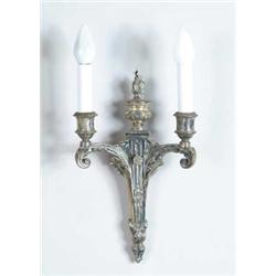OUTSTANDING SET OF SIX DOUBLE SILVERED BRONZE WALL SCONCES.