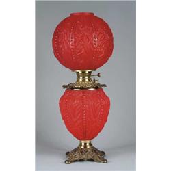 ANTIQUE VICTORIAN RED SATIN GLASS GONE WITH THE WIND LAMP.