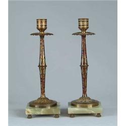 PAIR OF MAGNIFICENT FRENCH CHAMPLEVE TALL CANDLESTICKS.