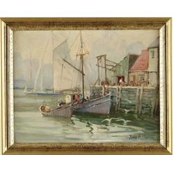 JAMES KING BONNAR (American, 1885-1961) HARBOR SCENE WITH BOATS AND WHARF.