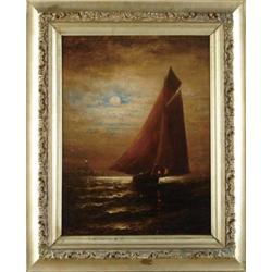 WESLEY WEBBER (American, 1841-1914) MOONLIGHT SAIL OFF LIGHTHOUSE.