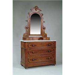 FOUR DRAWER MARBLE TOP WALNUT CHEST WITH MIRROR.