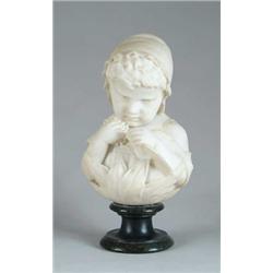 CARRERA WHITE MARBLE BUST OF GIRL WITH GRAPES AND DOVE.