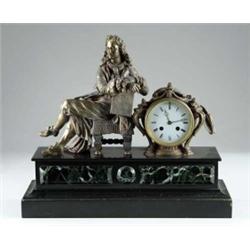 MARBLE AND METAL FIGURAL MANTEL CLOCK.