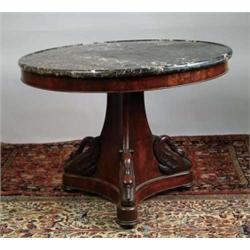 OUTSTANDING MAHOGANY ROUND MARBLE TOP CENTER TABLE WITH CARVED SWANS.