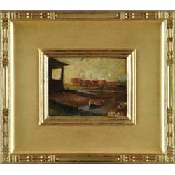 FRANZE ARTHUR BISCHOFF (American, 1864-1929) SUNSET OVER DRY DOCK.