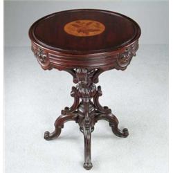 FANCY ROSEWOOD CARVED ROUND STAND WITH INLAID TOP.