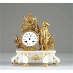 FRENCH ORMOLU AND WHITE ONYX FIGURAL MANTLE CLOCK.