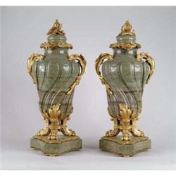 OUTSTANDING PAIR OF GREEN MARBLE AND ORMOLU CASSOLETS.