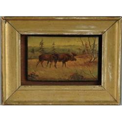 SIGNED (Russian) LACQUERWARE LID WITH MOOSE IN LANDSCAPE.