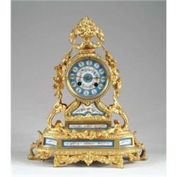 FRENCH STYLE ORMOLU AND HAND PAINTED PORCELAIN MANTLE CLOCK.