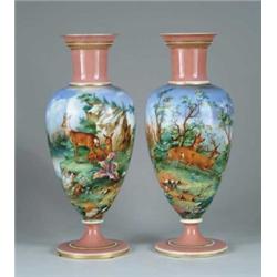 PAIR OF FINE HAND PAINTED MILK GLASS MANTLE VASES.