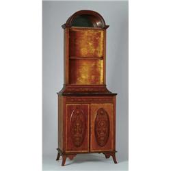EDWARDIAN MAHOGANY AND MARQUETRY INLAID TWO PART CABINET.