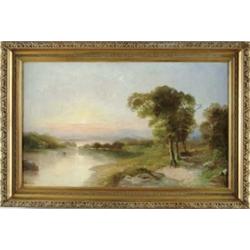 A. GEORGE (British/American, 19th Century) LANDSCAPE WITH POND AND SUNSET.