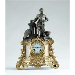 FIGURAL BRASS AND METAL MANTLE CLOCK.