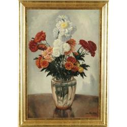 JOSEPH RASKIN (American, 1897-1981) VASE OF COLORFUL MUMS.