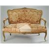 Image 1 : CARVED AND GILT UPHOLSTERED OPEN ARM FRENCH STYLE SOFA.
