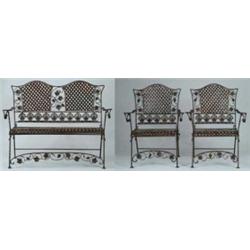 THREE PIECE ART DECO STYLE WROUGHT IRON PATIO SET.
