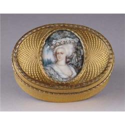 FINE BRASS OVAL TRINKET BOX WITH IVORY MINIATURE OF LADY.