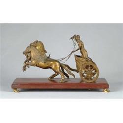 BRONZE ROMAN CHARIOT MOUNTED ON MARBLE BASE.