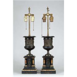 PAIR OF BRONZE AND MARBLE GARNITURE LAMPS.