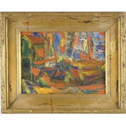 ROBERT SPENCER (American, 1879-1931) BOATS AT DRY DOCK.