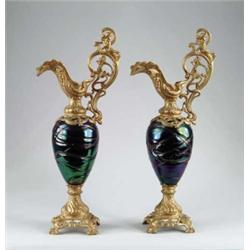 PAIR OF LOETZ TYPE GLASS AND METAL GARNITURES.