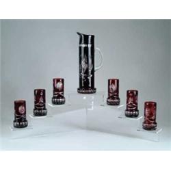 RUBY CUT TO CLEAR SEVEN PIECE LEMONADE SET.