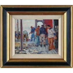 GEORGE RENOUARD (American, 1885-1954) DOCK SCENE WITH FISHERMEN.