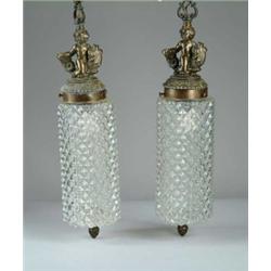 PAIR OF CRYSTAL AND METAL FIGURAL HANGING LIGHTS.