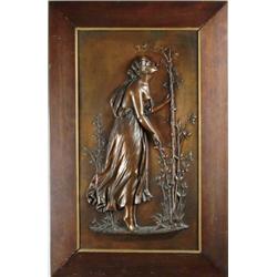 FRAMED BRONZE-COATED RELIEF OF WOMAN WITH FLOWERS.