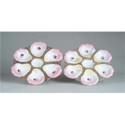 PAIR OF DECORATED OYSTER PLATES AND PAIR OF RUFFLED TOP END OF DAY VASES.