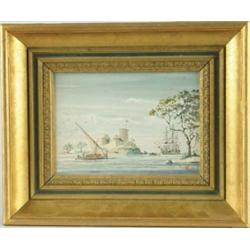 JOE HUNT (American, 20th C) CASTLE WITH SHIPS.