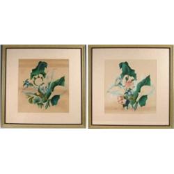 J. K. CAMPBELL (American, Engraver, 19th Century) PAIR OF FLORAL WATERCOLOR HIGHLIGHTED ENGRAVINGS.