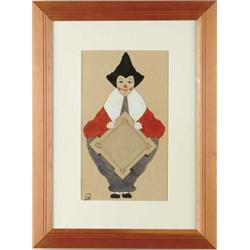 MAXFIELD FREDERICK PARRISH (American, 1870-1966) “CLOWN WITH PLACARD”.