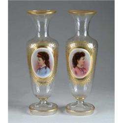 PAIR OF RARE GLASS PORTRAIT VASES.