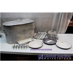 Metal Tub of Vintage Misc (Ice Cube Trays, Heater, Pie Plates)