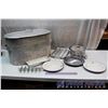 Image 1 : Metal Tub of Vintage Misc (Ice Cube Trays, Heater, Pie Plates)