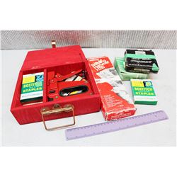 Collection of Bostitch Staples, Stapling Hammer and Staple Gun w/Wooden Case