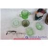 Image 2 : Lot of Green Depression Glass and Planters w/ Glases