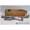 Image 1 : Wooden Crate w/Vintage Plane, Stapler, Fuel Pump and Grinder