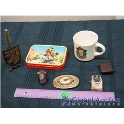 Lot of Vintage Western Related (RCMP Motion Pen, Cowboys & Indians Tin, Boy scouts Mug, Scorpion Bel