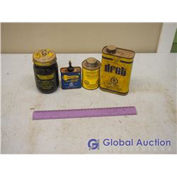 Lot of Shop Tins and Glass with Contents (3 Tins, 1 Glass)