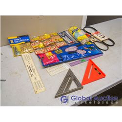 Lot Of Misc. Pest Control, V Belts, Angle Ruler