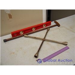 Lot Of Tools (Wooden Cane, Tire Wrench Vintage Wooden Level)